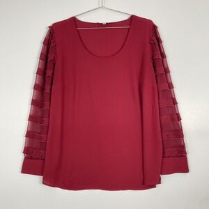 LOFT Blouse Womens 20 Plus Red Sheer Ruffle Sleeve Scoop Neck Tunic Top Boho